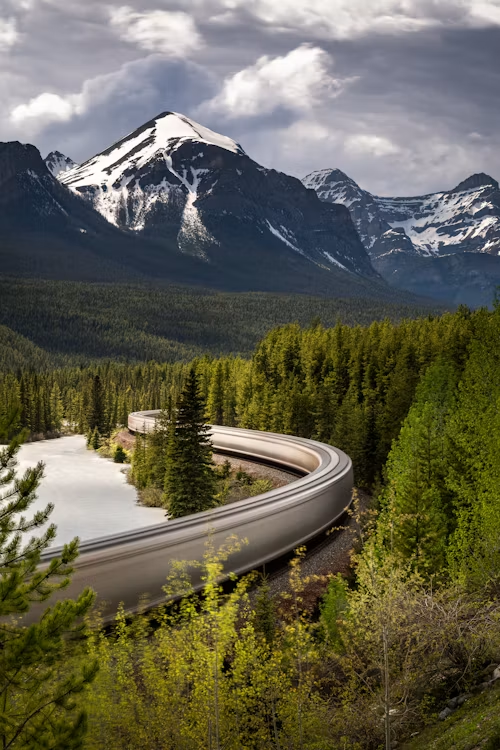 A train moving though a wooded area next to some mountains.